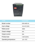 Front view of DDR-480D-24 480W 24V DC-DC Converter with specifications table below including input and output voltage details.