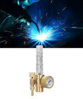 Front view of brass CO2 welding gas regulator with flowmeter and gauge, 0–25 LPM, 0–3500 psi, 5/8 in x 18 male connector