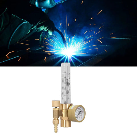 Front view of brass CO2 welding gas regulator with flowmeter and gauge, 0–25 LPM, 0–3500 psi, 5/8 in x 18 male connector
