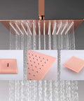 UMJIGF Shower System, 12 Inch brushed rose gold ceiling mount rainfall shower head with water flow and details.