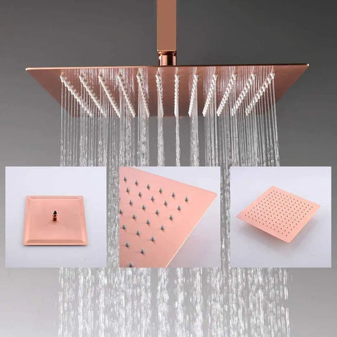 UMJIGF Shower System, 12 Inch brushed rose gold ceiling mount rainfall shower head with water flow and details.