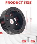 Heavy Duty 10 Piece Steering Wheel Adapter Kit For Quick Bolt Right On 6 To 3 Hole Hub Conversion And One Inch Height Lift With Included Hardware, showing a black spacer plate with dimensions.