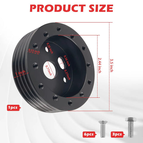 Heavy Duty 10 Piece Steering Wheel Adapter Kit For Quick Bolt Right On 6 To 3 Hole Hub Conversion And One Inch Height Lift With Included Hardware, showing a black spacer plate with dimensions.