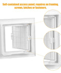 Heavy Duty 4X4 Inch Drywall Access Panel White Plastic Ceiling Repair Door UV Resistant Styrene HVAC Plumbing Electrical showing snap-fit design.
