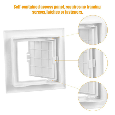 Self-contained hinge of No Sweat 4X4 Inch Hinged Plastic Access Panel For Drywall And Ceilings Removable Cover, easy installation details.