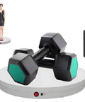 Massive 23.6 Inch Motorized Photography Turntable With Remote Control And Five Backdrop Colors Heavy Duty Electric Rotating Platform displaying dumbbells and mannequin.