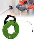 Heavy Duty Manual Wire Puller 65 Foot Flexible Polyester Cord With Smooth Spring Roller Head shown in use pulling cables through drywall.
