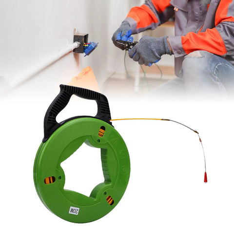 Heavy Duty Manual Wire Puller 65 Foot Flexible Polyester Cord With Smooth Spring Roller Head shown in use pulling cables through drywall.