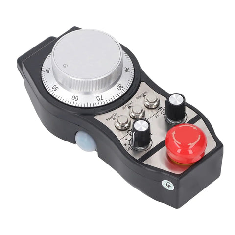 Next Level CNC Handwheel Controller Goes Wireless With Super Smooth 6-Axis Ergonomic Design And Massive 60m Range For Serious Shop Grinds. Wireless CNC handwheel controller with ABS body and red emergency stop button