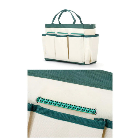 Durable Gardening Tote Bag With Nine Pockets Made From Sturdy Oxford Cloth showing front view with exterior pockets.