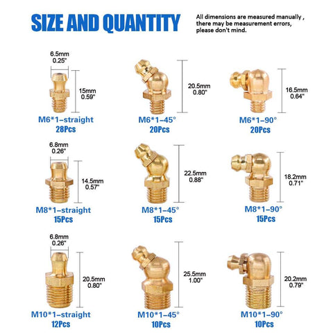 145-Piece Brass Zerk Grease Nipple Fittings Assortment Kit For Metric M6x1, M8x1, M10x1 With Straight, 90 Degree, And 45 Degree Angled Zerks For Auto, Bike, Farm Gear, And DIY Projects showing sizes and quantities of fittings.