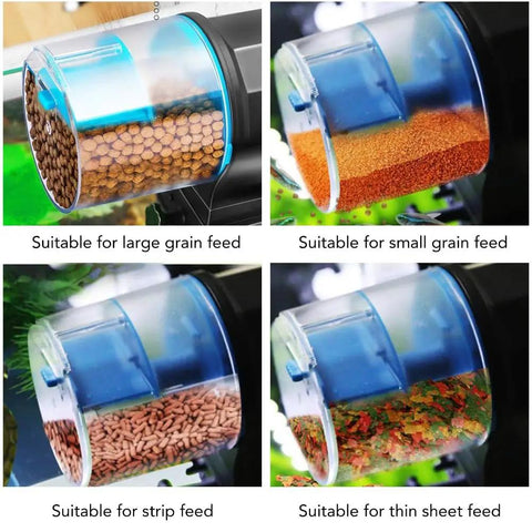 Heavy Duty Automatic Fish Feeder With Smart Electric Dual Compartments showing large, small, strip, and thin sheet feed options.