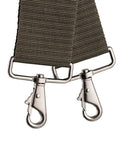 Close-up of metal clasps on suspenders from Three Bag Tool Bag Set With Suspenders In Digital Camo, Heavy Duty LoadBear Stretch Suspension.