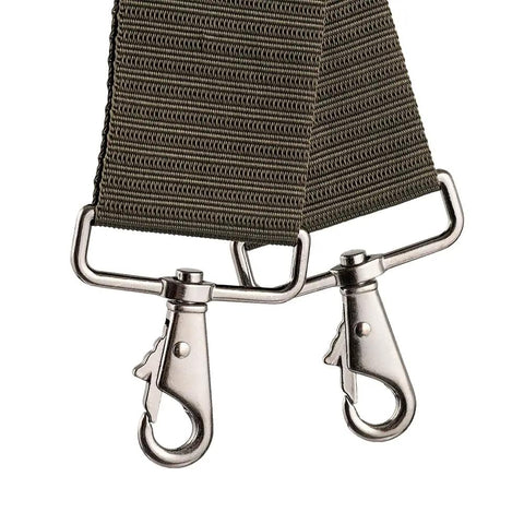 Close-up of metal clasps on suspenders from Three Bag Tool Bag Set With Suspenders In Digital Camo, Heavy Duty LoadBear Stretch Suspension.