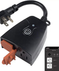 Dual Grounded Outlets Outdoor Smart WiFi Plug with Heavy Duty Timer, control lights via app, shown with smartphone interface.