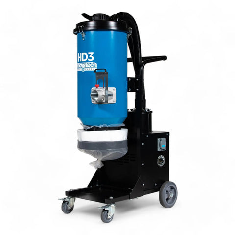 Rock Solid Three Motor HEPA Dust Collector With Reverse Air Jet Pulse Filter Cleaner Built For Demanding Shops Hella Powerful 110V Industrial Extraction Tool on wheels with blue canister.