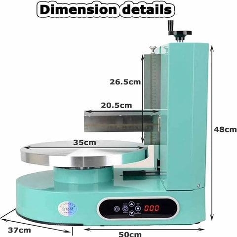Birthday Cake Cream Smoothing And Filling Machine 4 to 12 Inch Pro Grade Tool with Dimension Details, Aluminum, Stainless Steel, Green