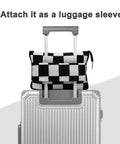 2 In 1 Travel Blanket And Pillow Set With Convertible Pillowcase Lightweight Microfleece Comfort For Airplane And Road Trips On The Go Includes Hand Luggage Sleeve And Backpack Clip Checkered Black attached to suitcase handle