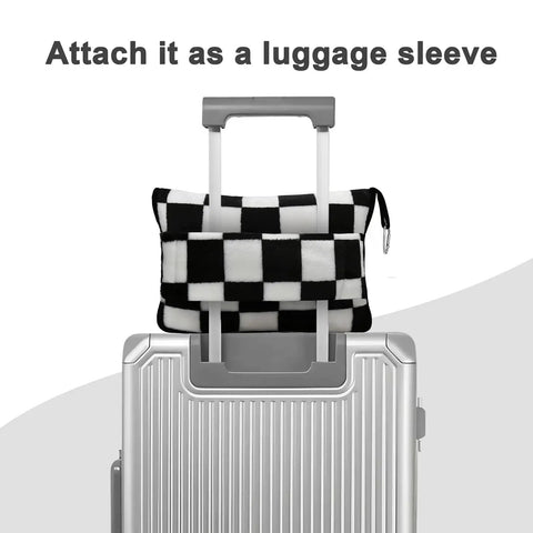 2 In 1 Travel Blanket And Pillow Set With Convertible Pillowcase Lightweight Microfleece Comfort For Airplane And Road Trips On The Go Includes Hand Luggage Sleeve And Backpack Clip Checkered Black attached to suitcase handle