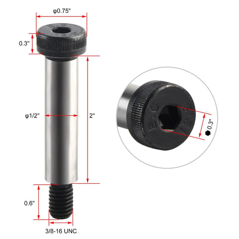 Two Pack Alloy Steel Shoulder Bolts With Half Inch Shoulder Diameter And Two Inch Length, Three Eighths UNC Thread, Hex Socket Head