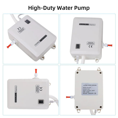 Bottled Water Dispenser Pump System With 20 Foot Reach, 110V AC US Plug, Single Inlet, white casing and connections, 4 angles shown.