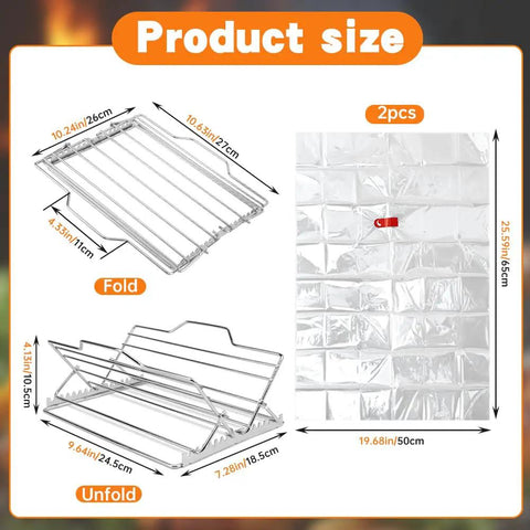 Product dimensions and foldable design of Adjustable Chicken and Turkey Roasting Rack With Foldable Stainless Steel V Shaped Stand