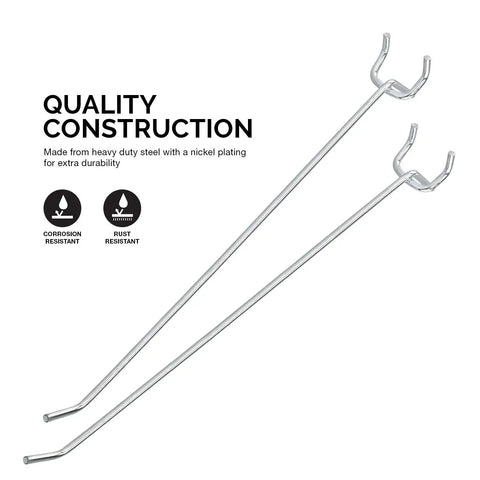 Two nickel-plated hooks from the Eight Inch Pegboard Hook Organizer Kit With Fifty Hanging Hooks For Garage And Workshop Storage Durable One Eighth Inch Hooks Fit All One Quarter Inch Peg Boards With One Inch Spacing Ideal For Tools Cords Cleaning Supplies And Craft Gear.