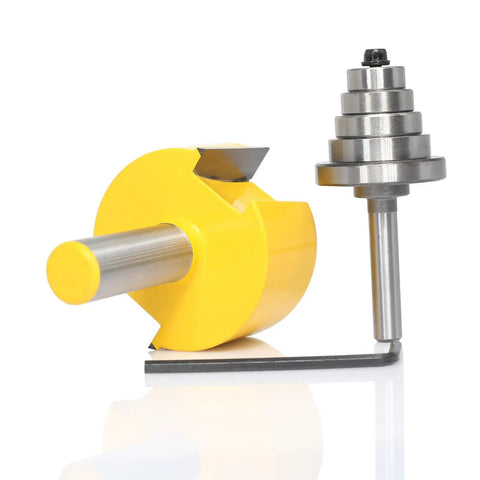 Top Shelf Rabbet Router Bit Set With Six Interchangeable Guide Rollers And Half Inch Shank For Flawless Woodworking Joints featuring yellow bit and steel guide rollers