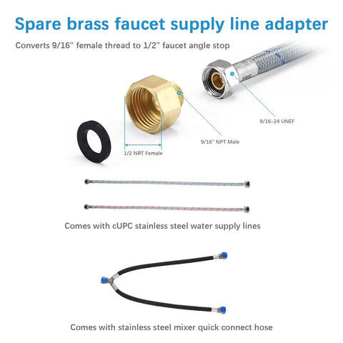Spare brass faucet supply line adapter with 1/2" NRT female thread, includes cUPC stainless steel water supply lines.