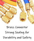Brass refrigerant charging hose set, 60in length, 1/4 inch thread, color-coded red yellow blue for car AC