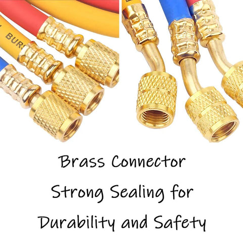 Brass refrigerant charging hose set, 60in length, 1/4 inch thread, color-coded red yellow blue for car AC