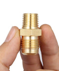 2 Pack Brass Tube Fitting Half Union Gas Adapter 3/8 Flare And 1/4 NPT Male Pipe Connector Heavy Duty Brass Construction held by hand