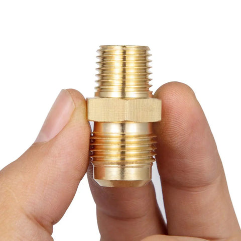 2 Pack Brass Tube Fitting Half Union Gas Adapter 3/8 Flare And 1/4 NPT Male Pipe Connector Heavy Duty Brass Construction held by hand