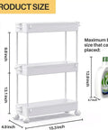 Slim 3 Tier Rolling Storage Cart With Removable Shelves, dimensions labeled, white color.