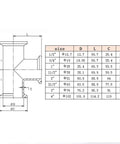 Beduan 1.5-inch tri-clamp 3-way sanitary fitting, stainless steel 304, 38mm pipe OD, technical drawing