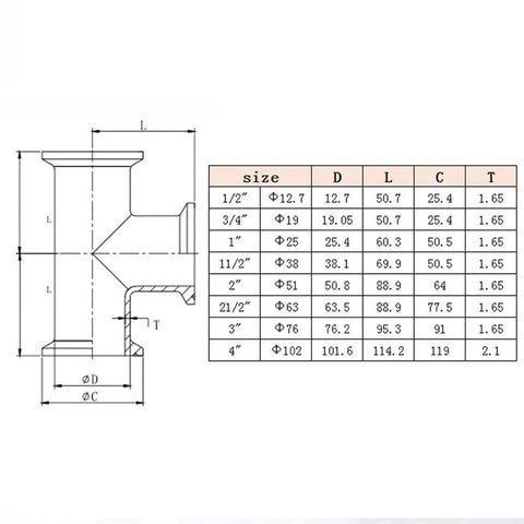 Beduan 1.5-inch tri-clamp 3-way sanitary fitting, stainless steel 304, 38mm pipe OD, technical drawing