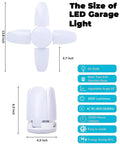 4 Pack Deformable LED Garage Lights With 5 Light Heads For Even Brightness, 6000LM 60W Total Power, size dimensions, specifications shown.