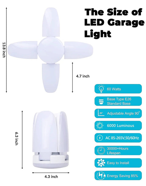 4 Pack Deformable LED Garage Lights With 5 Light Heads For Even Brightness, 6000LM 60W Total Power, size dimensions, specifications shown.