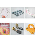 Heavy Lift Beast 500kg Electric Hoist And Portable Hand Winch Pair parts including gloves, bolts, ropes, battery, springs, and hook.