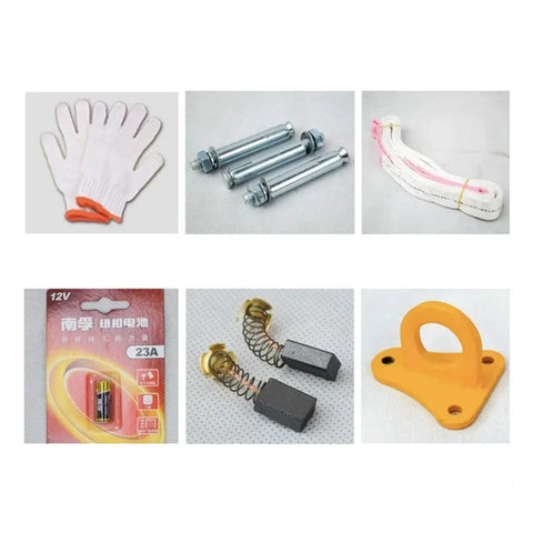 Heavy Lift Beast 500kg Electric Hoist And Portable Hand Winch Pair parts including gloves, bolts, ropes, battery, springs, and hook.