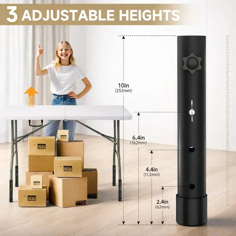 Adjustable Folding Table Leg Risers Four Pack Metal Height Extenders for Straight And Bent Legs shown with three height options.