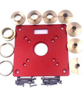No Sweat Fit Aluminum Alloy Router Table Insert Bushings With Slick Precision Alignment Zero Drift Design Plug And Play Setup For Trim Routers Serious Woodworkers Set A, showing red aluminum base and brass bushings.
