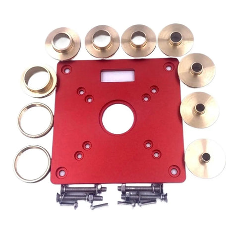 No Sweat Fit Aluminum Alloy Router Table Insert Bushings With Slick Precision Alignment Zero Drift Design Plug And Play Setup For Trim Routers Serious Woodworkers Set A, showing red aluminum base and brass bushings.