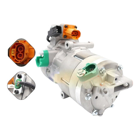High Performance Electric AC Compressor Direct Replacement For Hyundai Kona And Kia Niro EV 97701K4000 with connectors and aluminum housing.