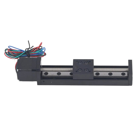 Heavy Duty Linear Slide Guide Rail 100mm Stage Actuator Boasting Aluminum Alloy Chassis And T6x4 Electric Motor, black chassis with wires.