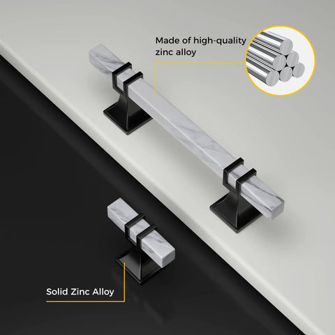 Marble Drawer Pulls and Knobs 10 Pack White Marble and Black 5 Inch Hole Center T Bar Hardware for Kitchen Cabinets Dresser