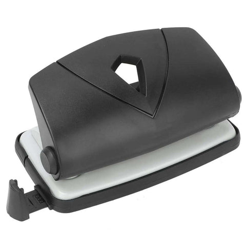2 Hole Puncher With Positioning Ruler Mini Handheld Black Office Tool for School, non-slip bottom, shown side view