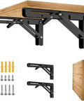Heavy Duty Folding Shelf Bracket Six Inch Wall Mounted Collapsible Workbench Support with accessories and table top.