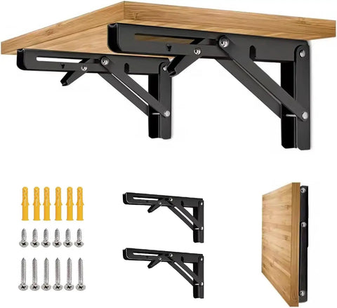Heavy Duty Folding Shelf Bracket Six Inch Wall Mounted Collapsible Workbench Support with accessories and table top.