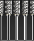 Five-piece Durable Boss Grade Carbide Burr Set SB-5 for die grinder bits with 1/2 inch head diameter, 1/4 inch shank, cylinder shape.